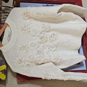 Gorgeous soft ivory knit acrylic sweater beaded pearls rhinestone floral XHANGE